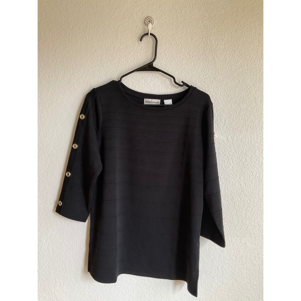 Drapers & Damons Womens Black Ribbed Knit Top 3/4 Sleeve Gold Button Detail Sz S